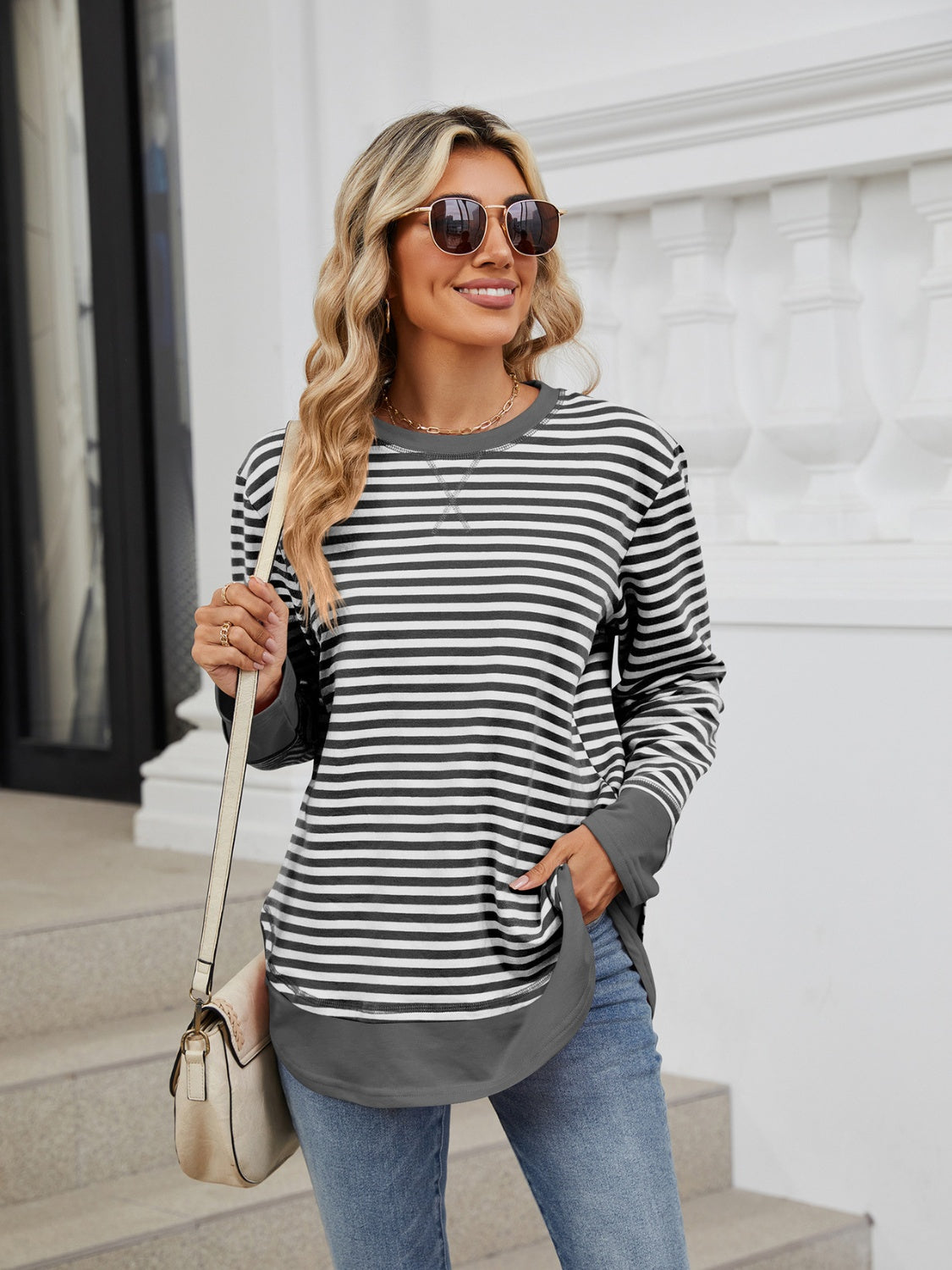 Striped Round Neck Long Sleeve Sweatshirt