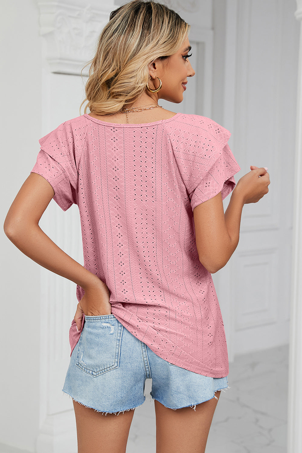 Eyelet V-Neck Short Sleeve T-Shirt