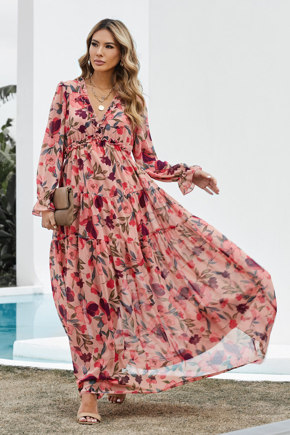 Floral Frill Trim Flounce Sleeve Plunge Maxi Dress - ClozArt