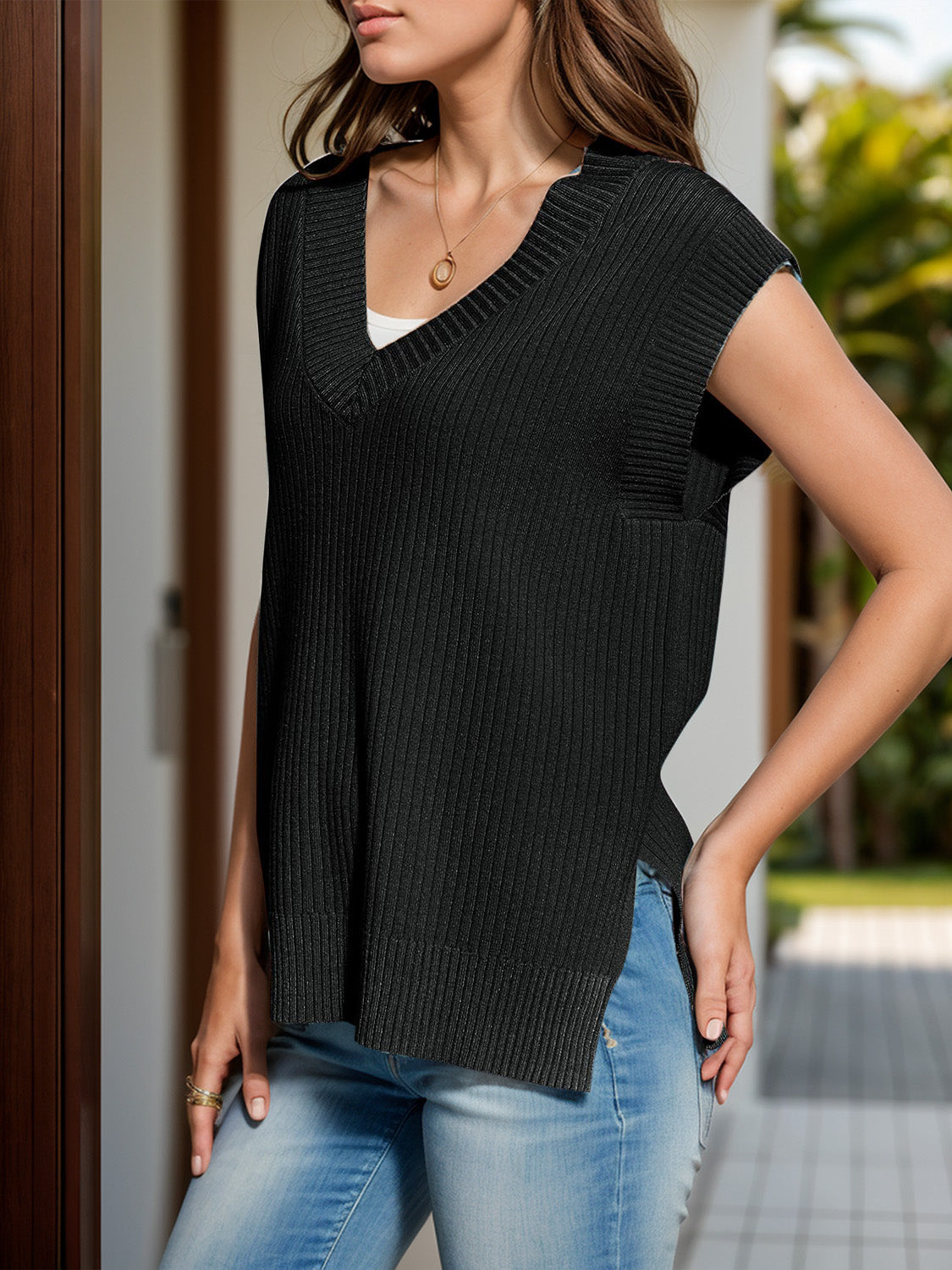 V-Neck Cap Sleeve Knit Vest