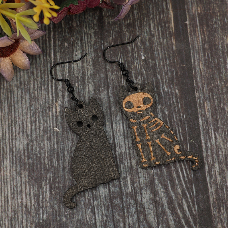 Alloy Hook Wooden Cat Earrings - ClozArt