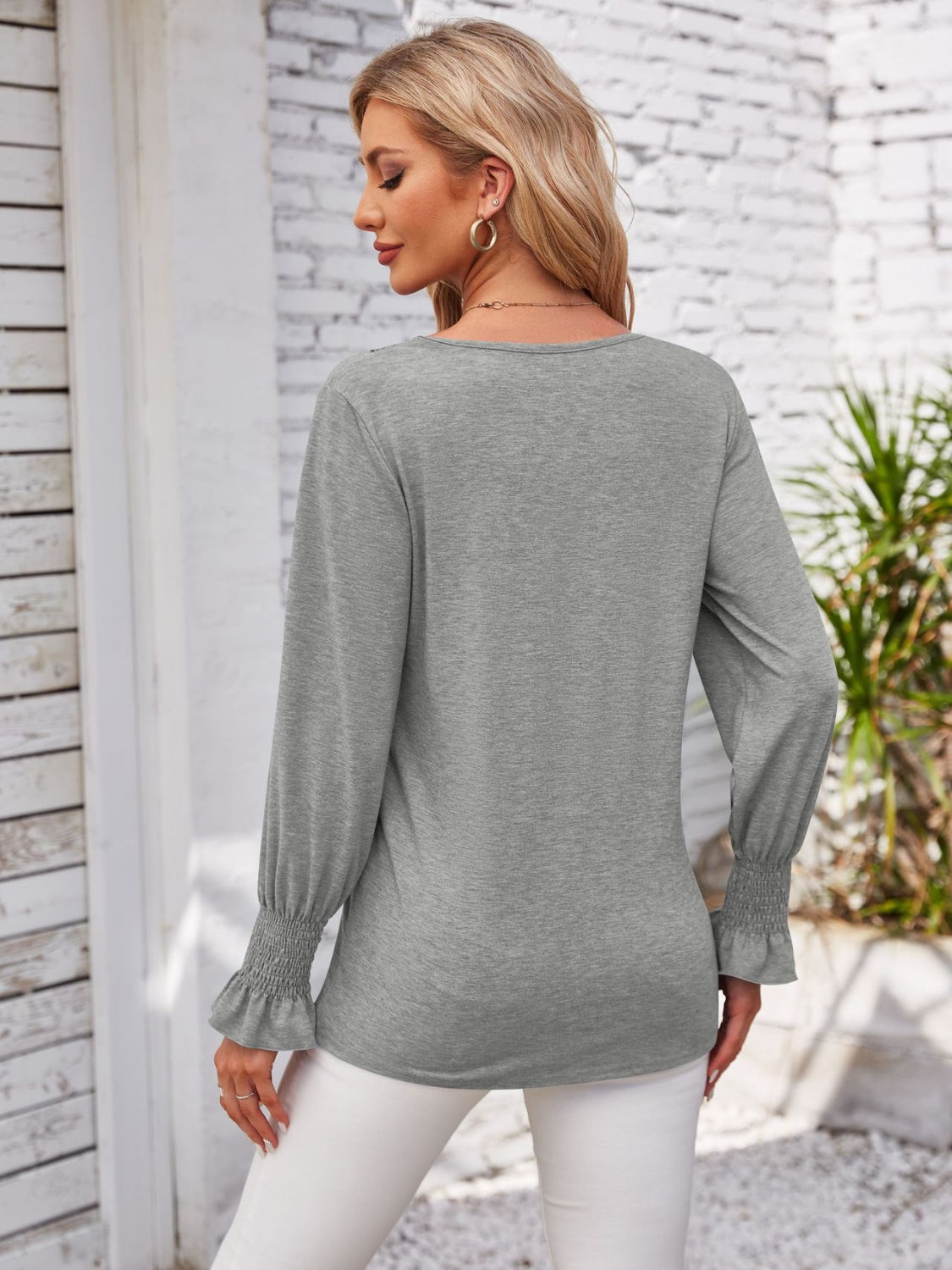 Smocked V-Neck Long Sleeve Blouse