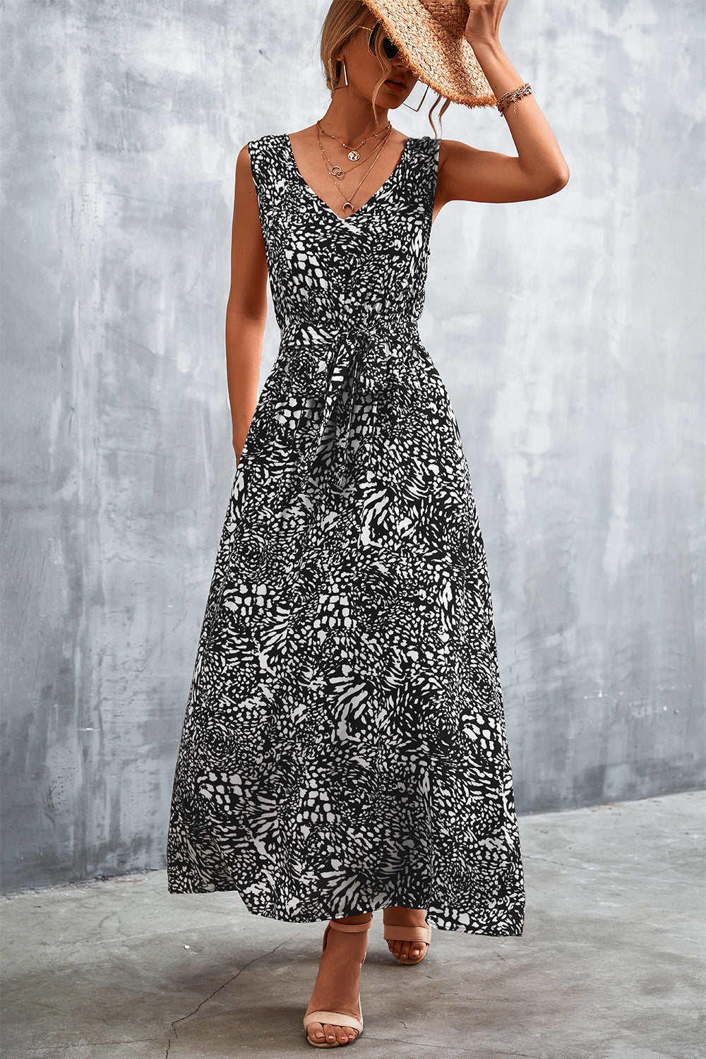 Printed V-Neck Tie Waist Maxi Dress - ClozArt