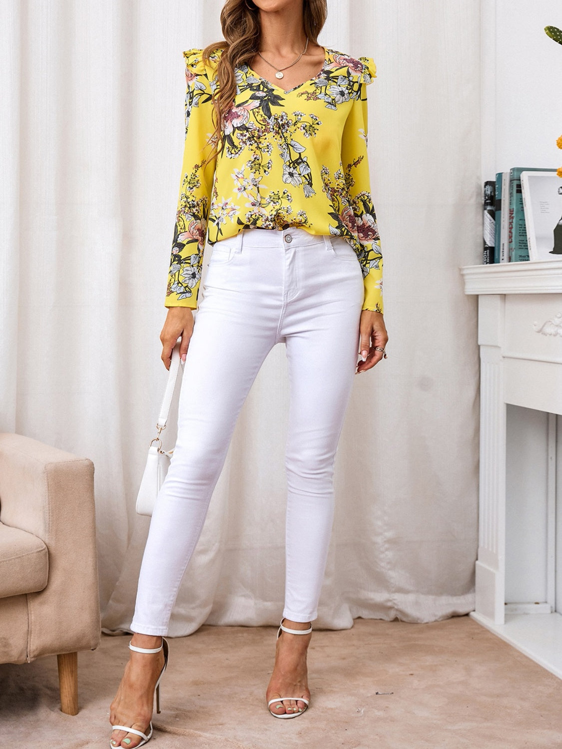 Ruffled Printed V-Neck Long Sleeve Blouse