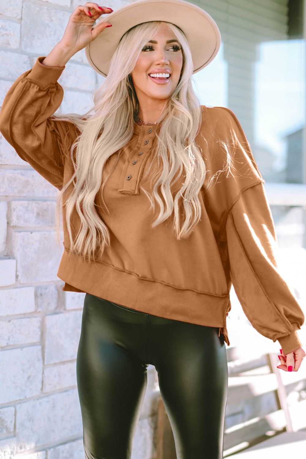 Exposed Seam Half Button Long Sleeve Sweatshirt