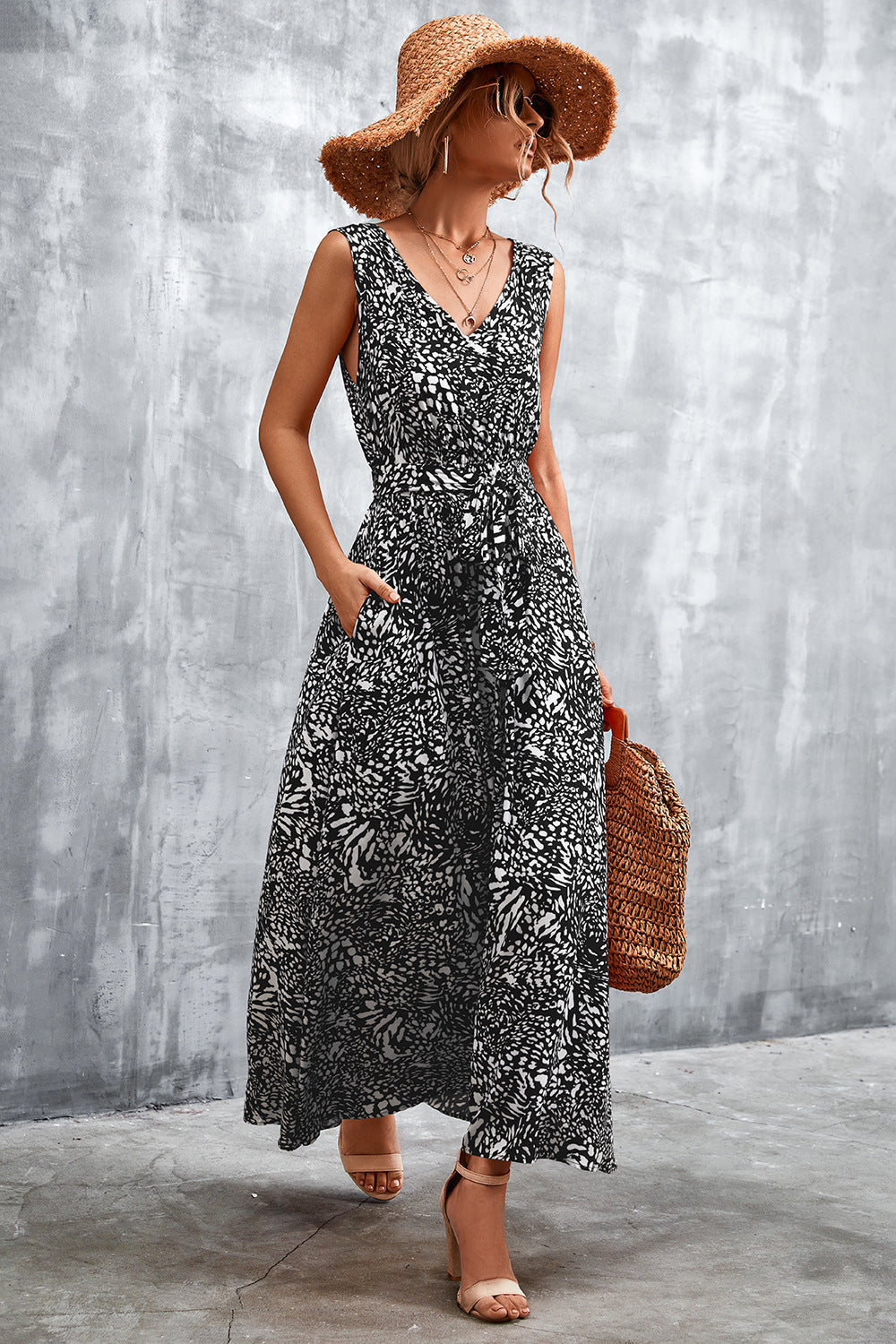 Printed V-Neck Tie Waist Maxi Dress - ClozArt