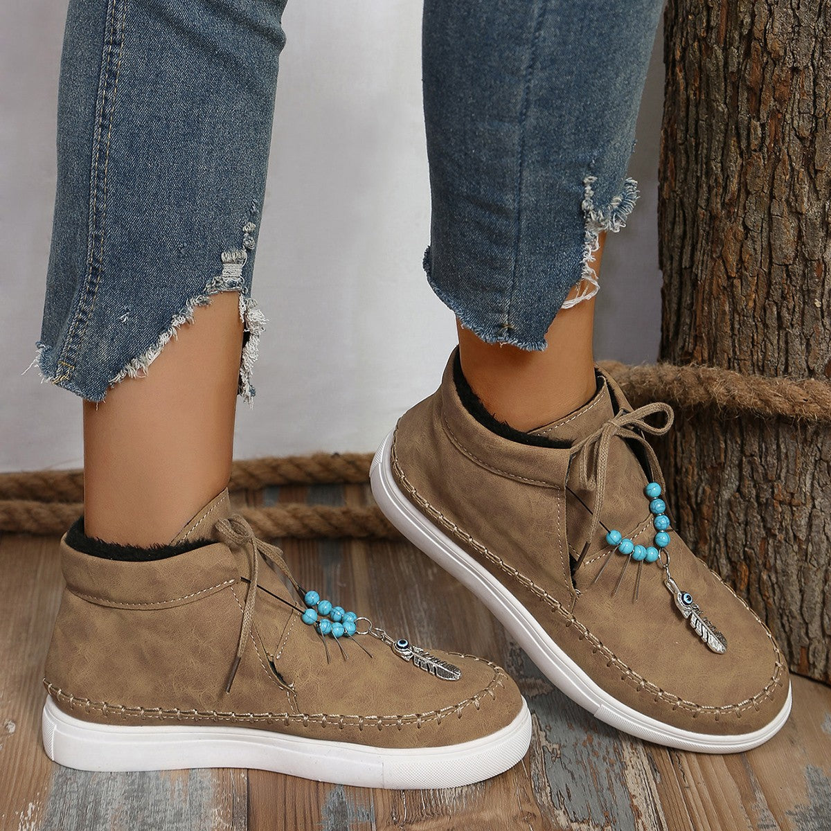 Tied Bead Trim Platform Sneakers - ClozArt