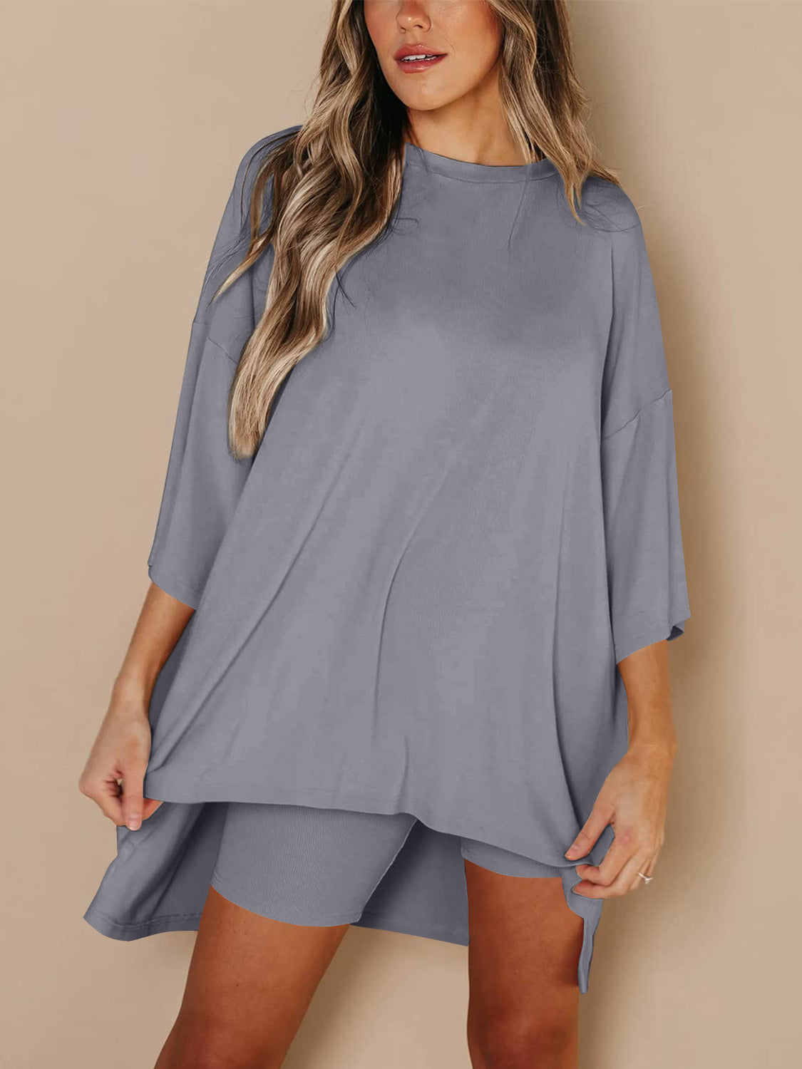 Full Size Round Neck Top and Skinny Shorts Set