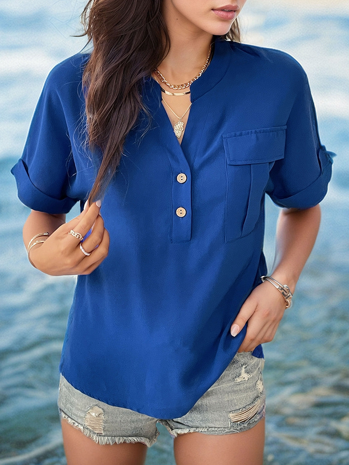 Perfee Buttoned Notched Short Sleeve Blouse