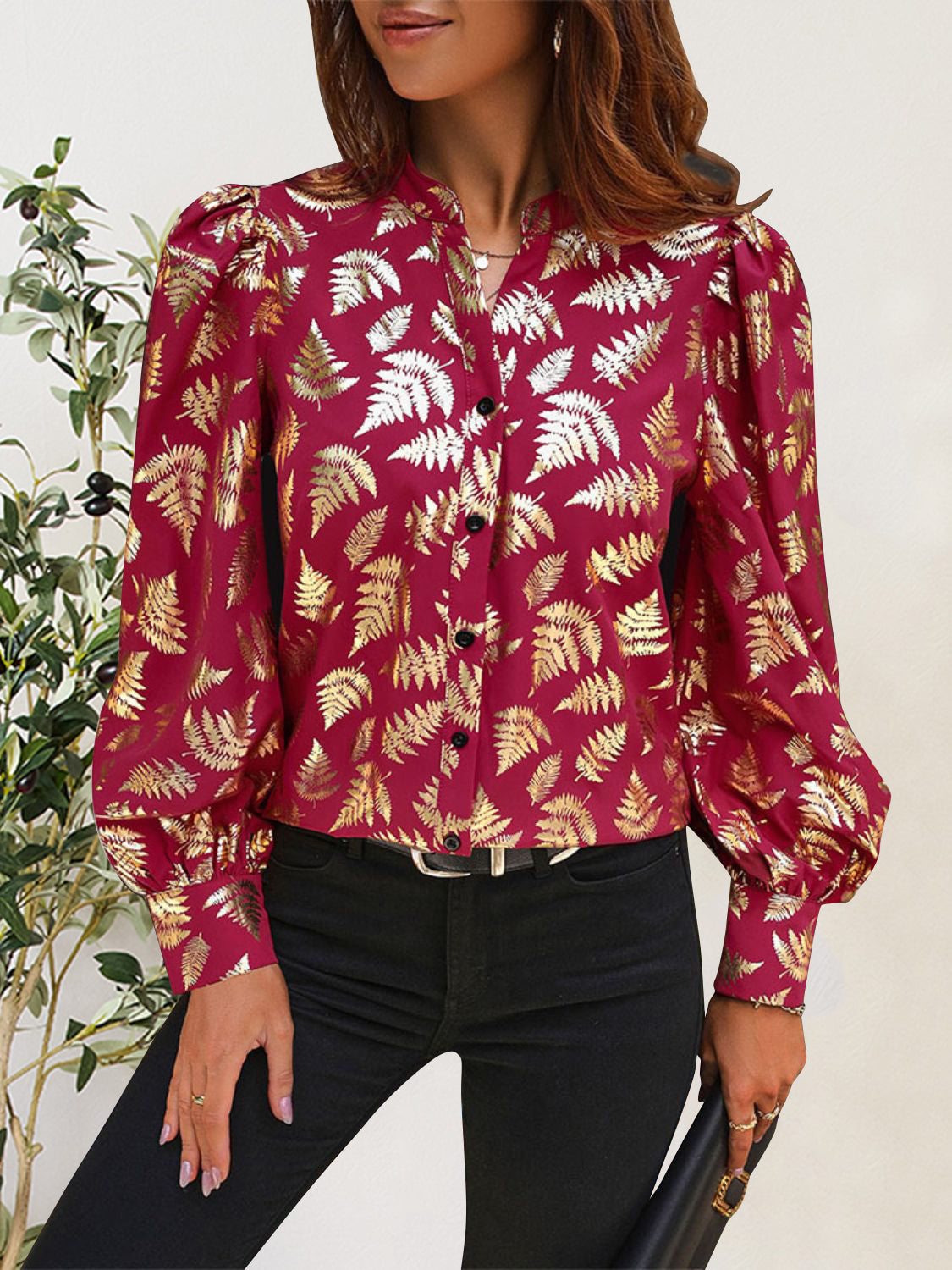 Perfee Printed Notched Long Sleeve Shirt