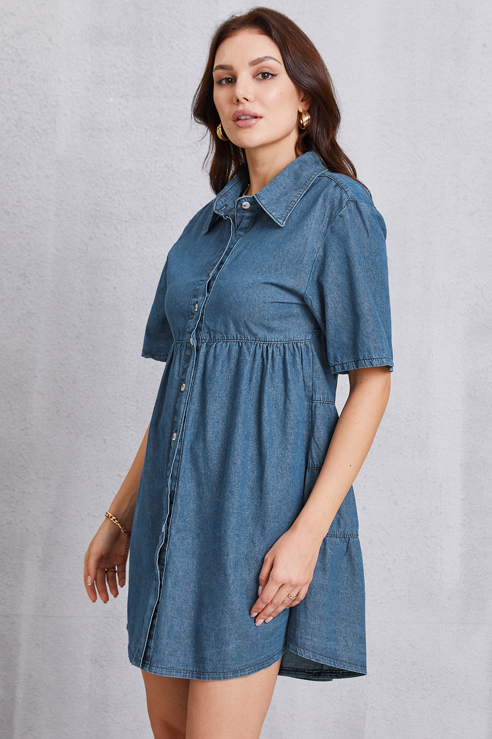 Button Up Collared Neck Tiered Denim Dress