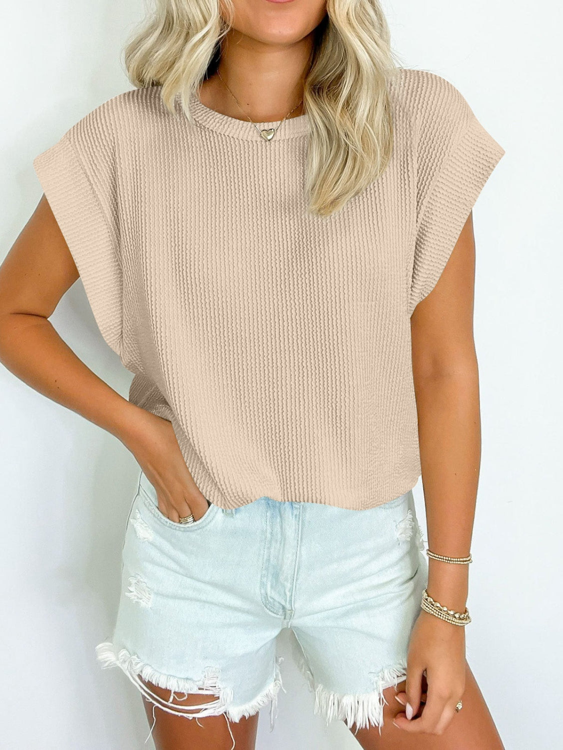 Lovelet Textured Round Neck Cap Sleeve Blouse