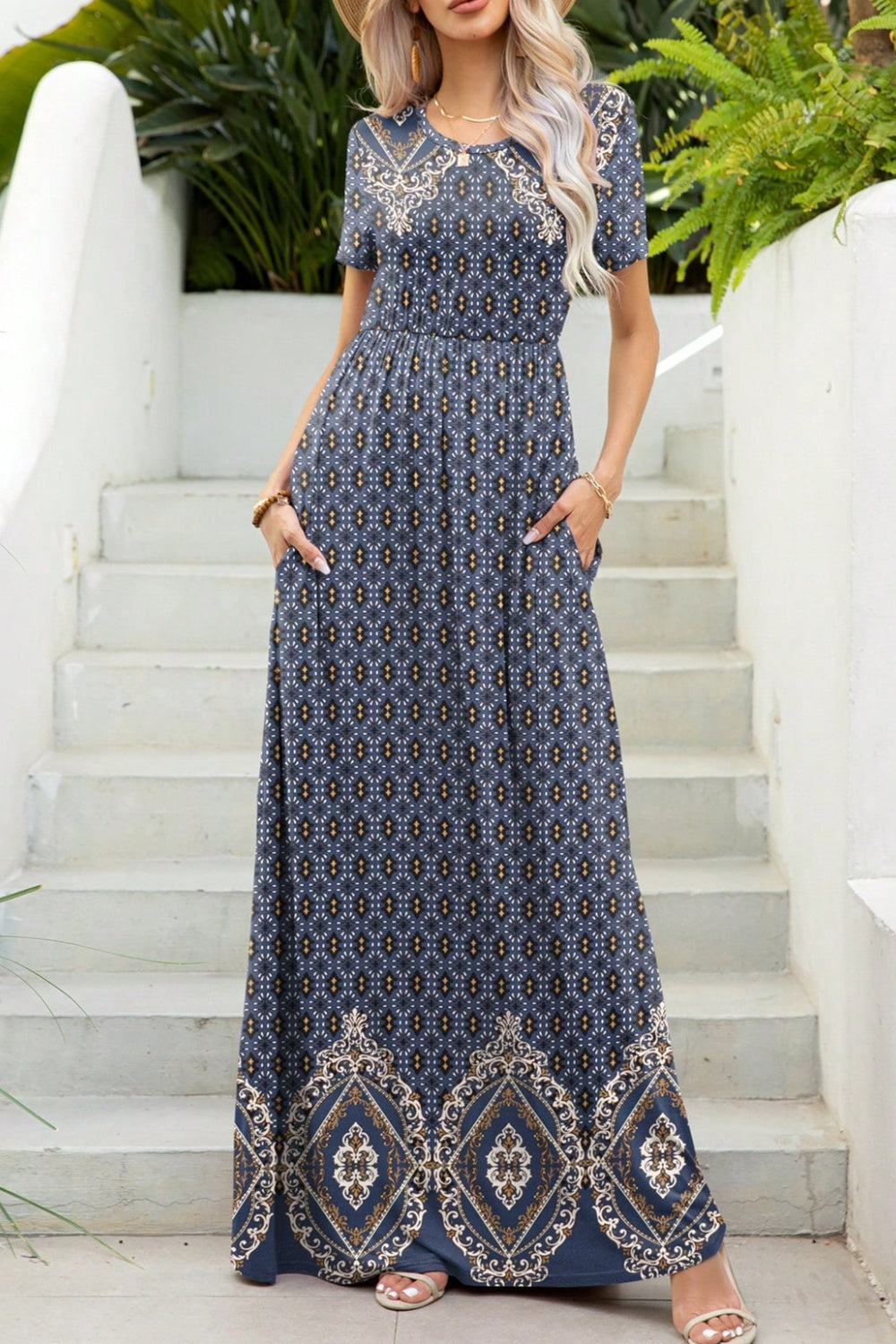 Printed Round Neck Short Sleeve Maxi Dress - ClozArt