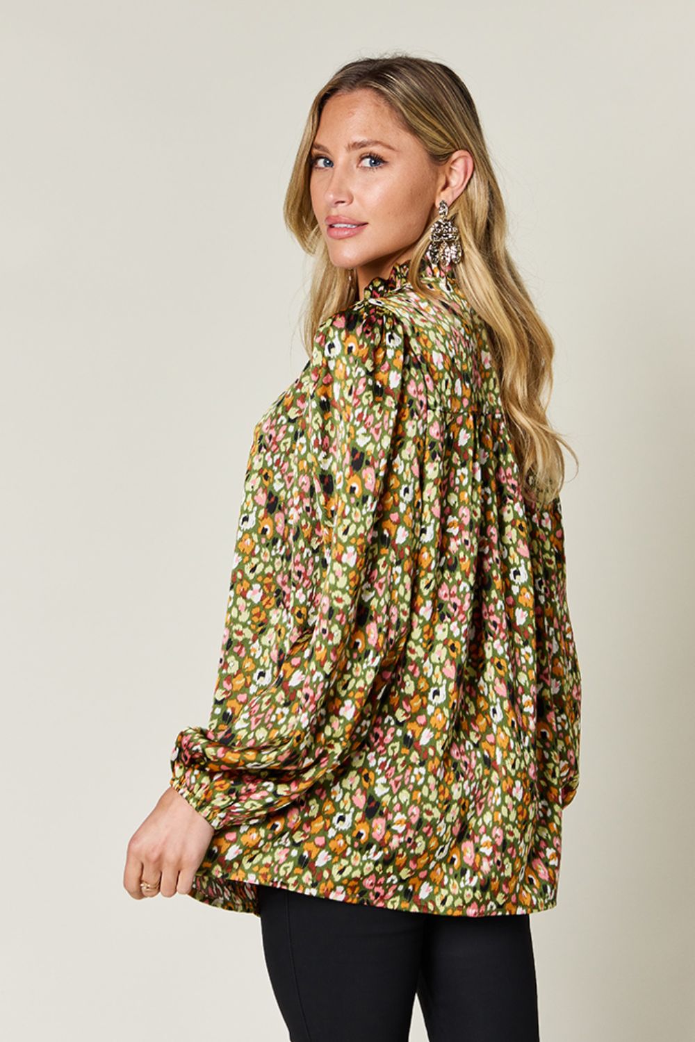 Double Take Full Size Printed Balloon Sleeve Shirt