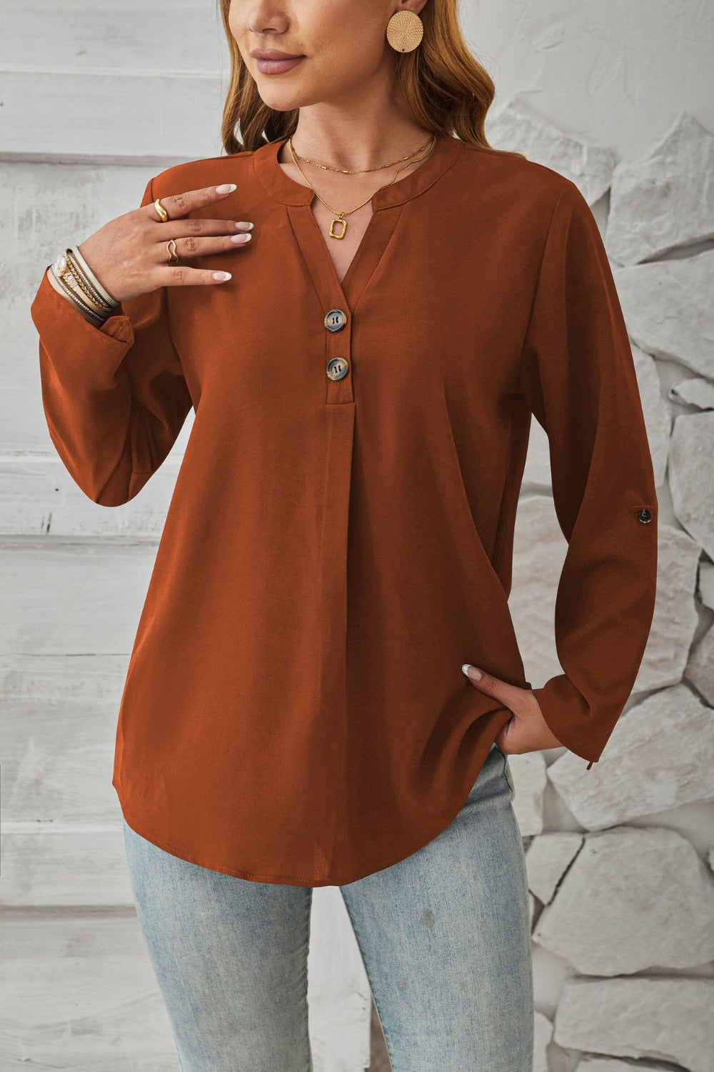 Decorative Button Notched Long Sleeve Blouse