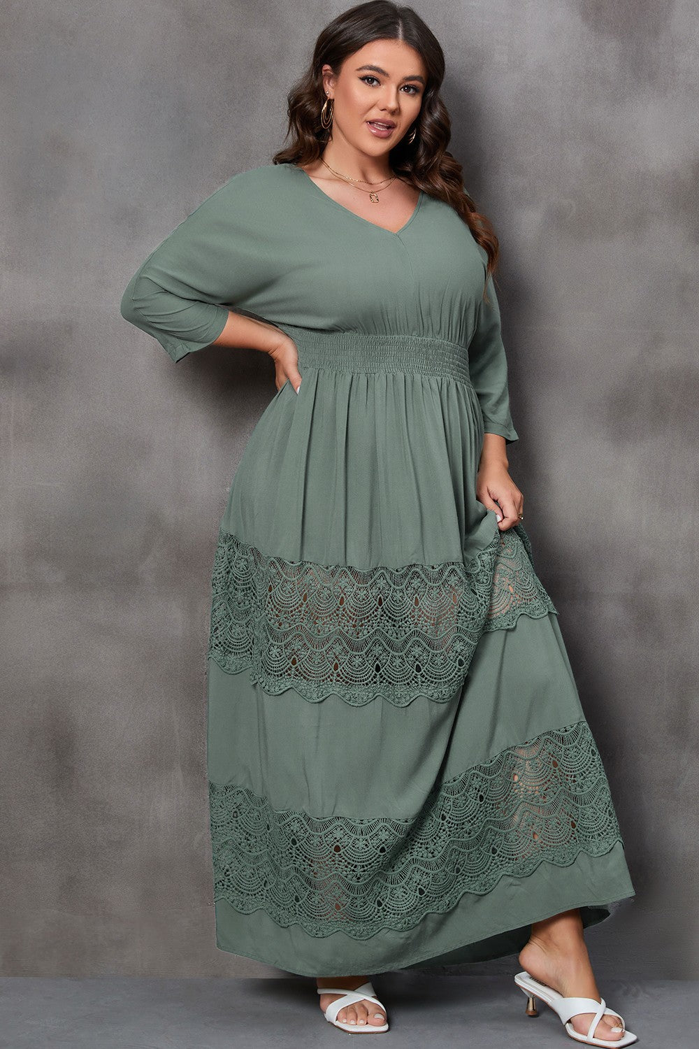 Plus Size Tied V-Neck Smocked Crochet Maxi Dress - ClozArt