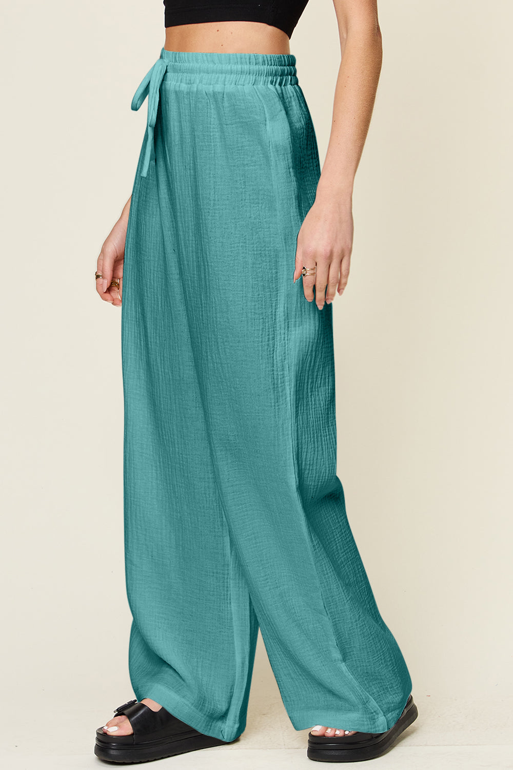 Double Take Full Size Texture Drawstring Wide Leg Pants - ClozArt