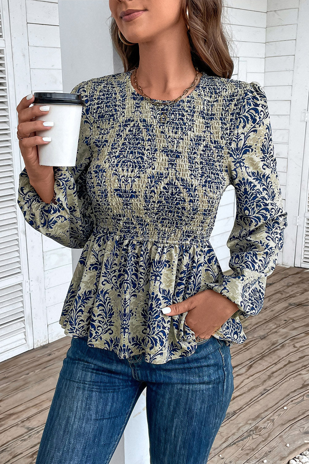 Perfee Smocked Printed Balloon Sleeve Blouse