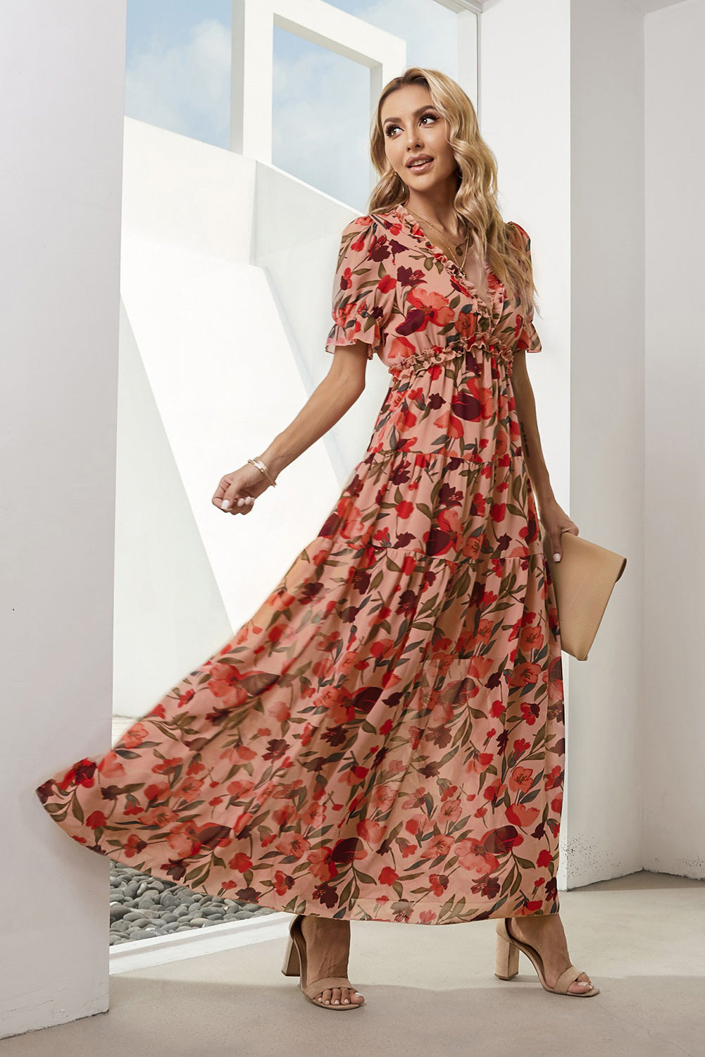 Floral V-Neck Short Flounce Sleeve Dress - ClozArt