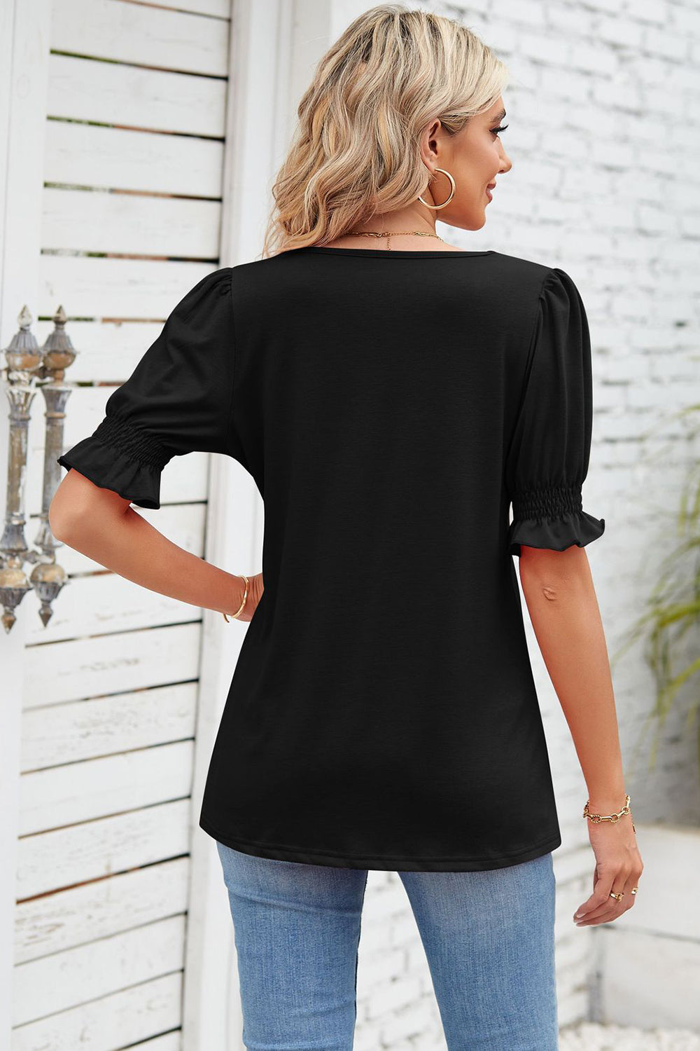 Smocked Square Neck Short Sleeve T-Shirt