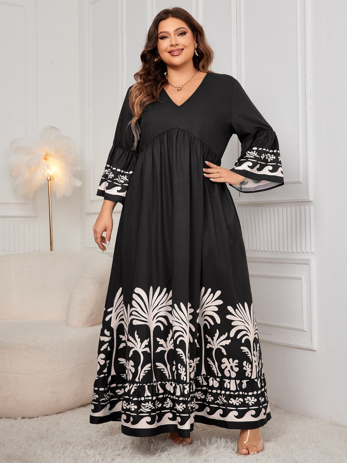 Honey Plus Size Printed V-Neck Long Sleeve Maxi Dress - ClozArt