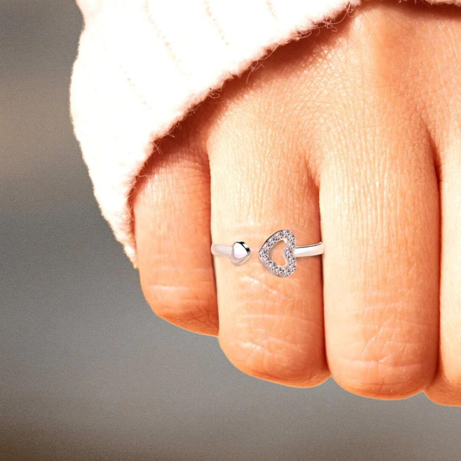 925 Sterling Silver Inlaid Zircon Heart Open Ring - ClozArt