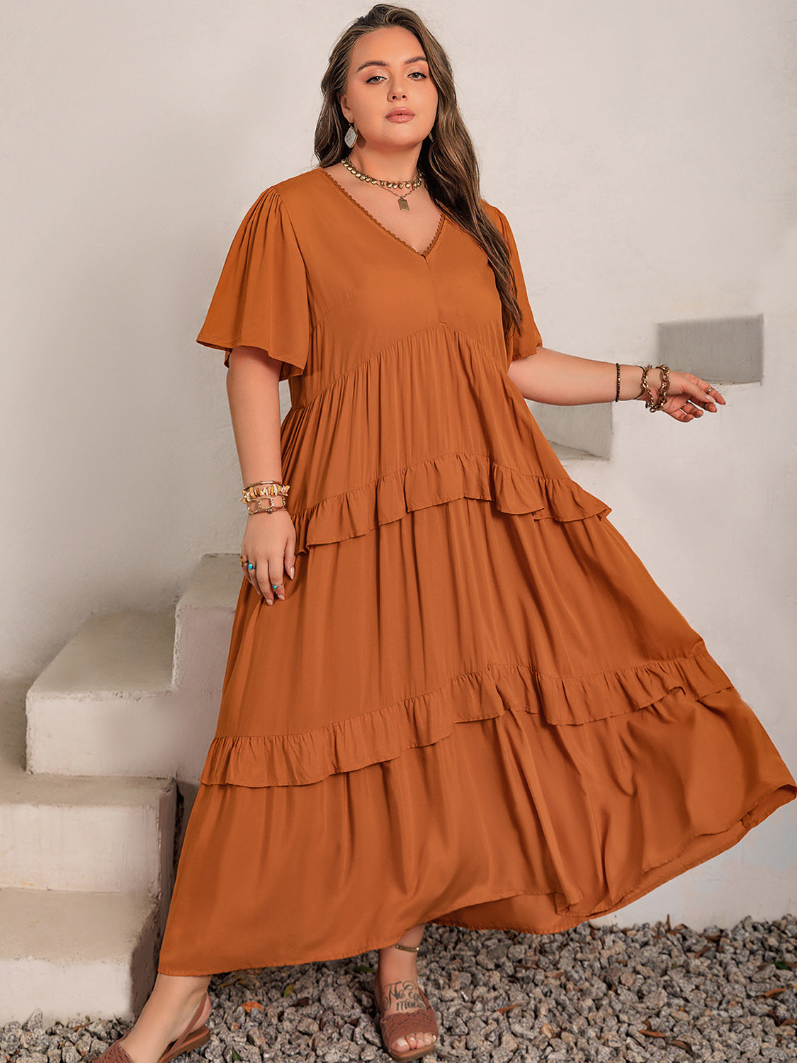 Plus Size V-Neck Flutter Sleeve Maxi Dress - ClozArt