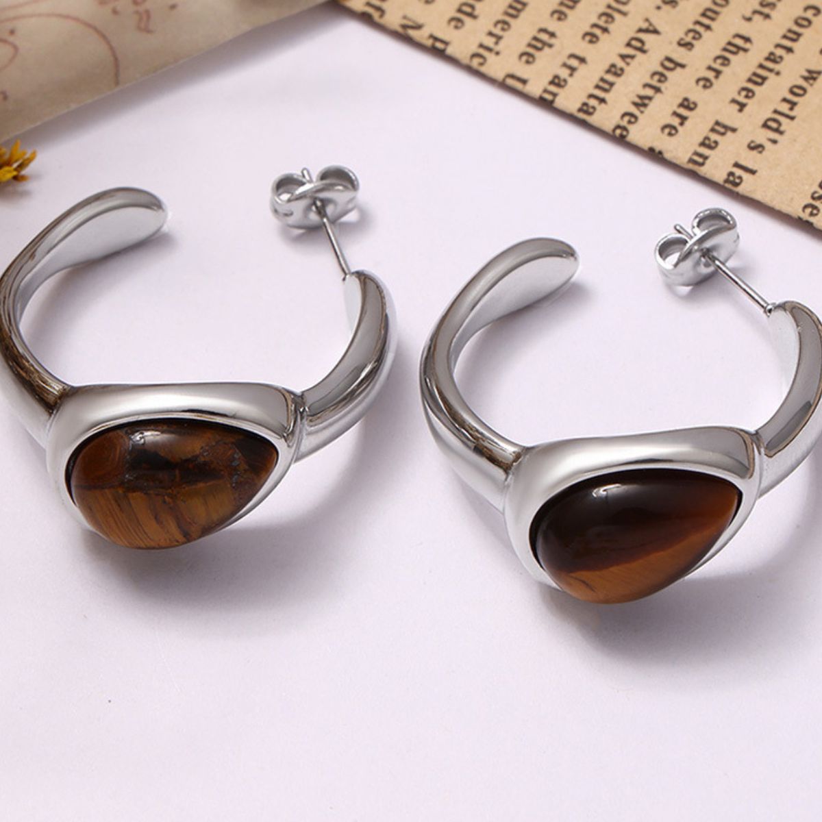 Stainless Steel Natural Tiger's Eye C-Hoop Earrings - ClozArt