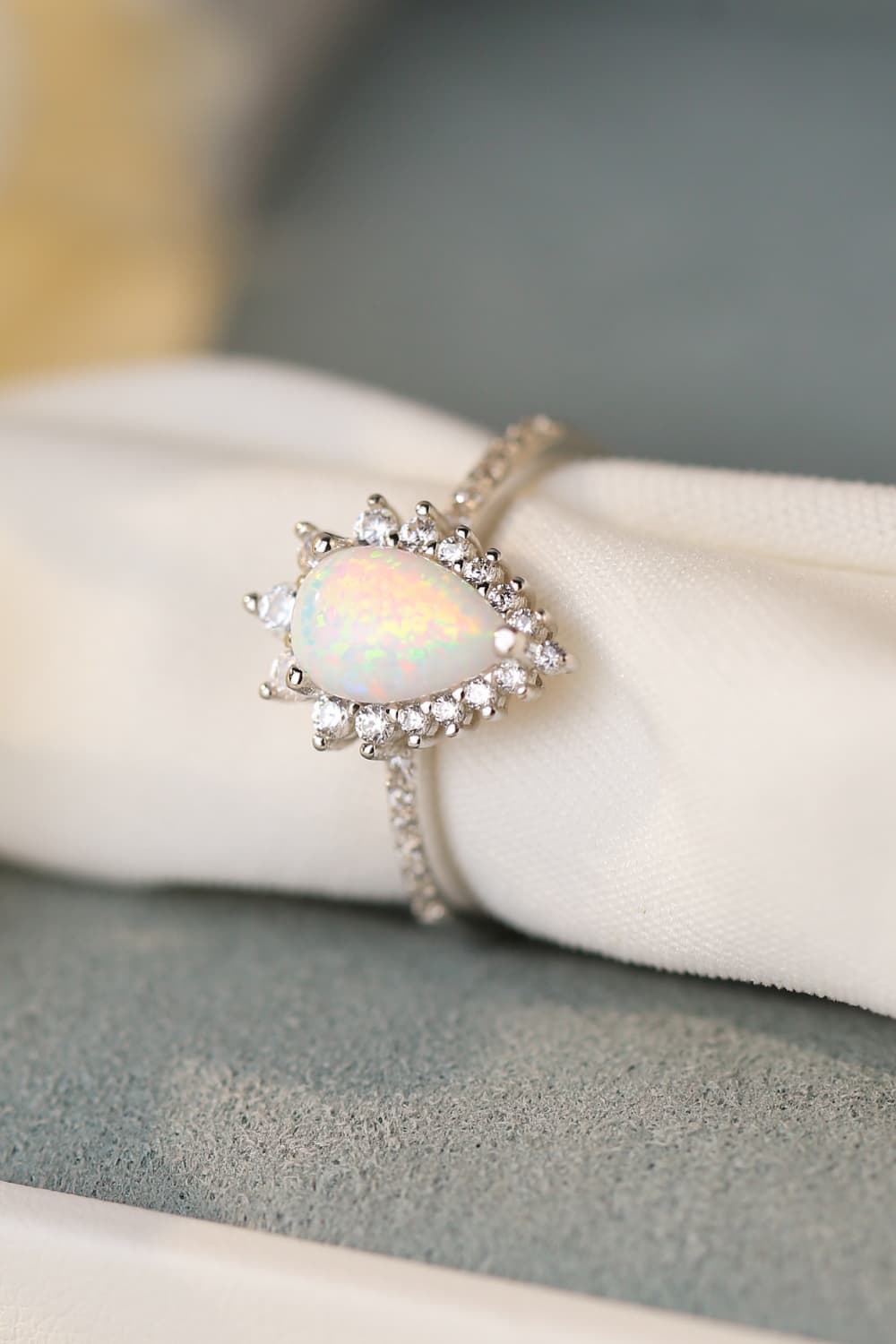 Platinum-Plated Opal Pear Shape Ring - ClozArt