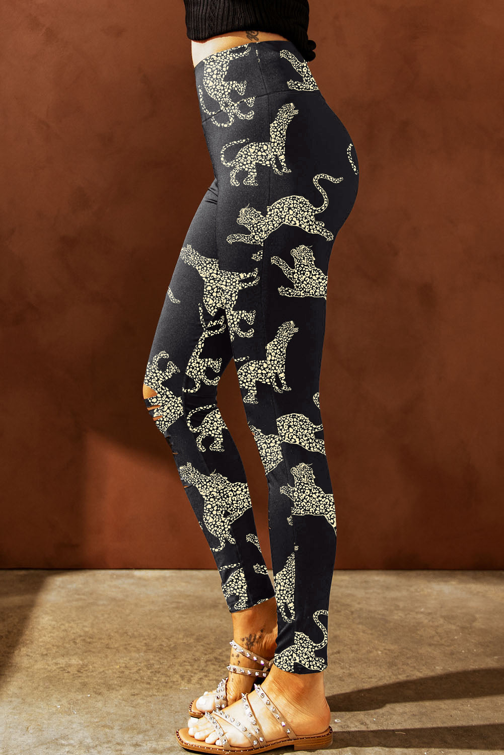 Animal Printed Distressed High Waist Leggings - ClozArt