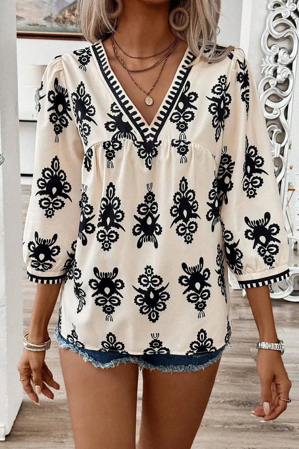 Printed V-Neck Three-Quarter Sleeve Blouse