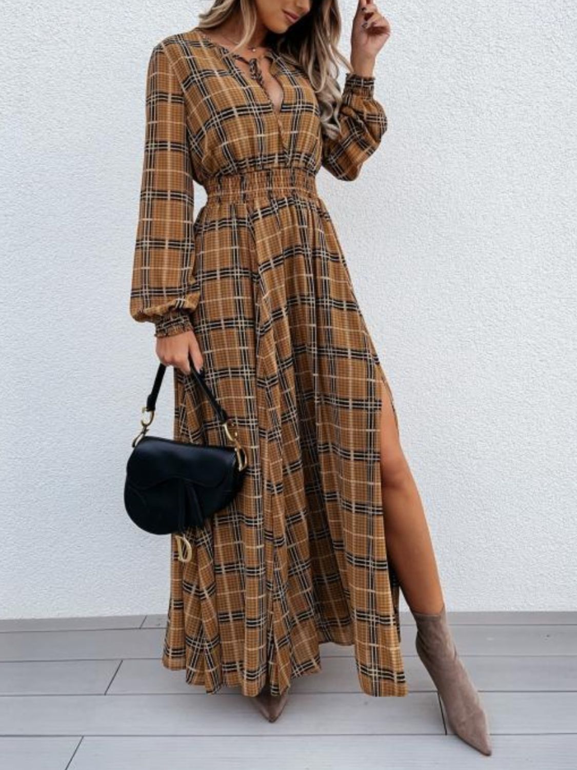 Slit Plaid Tie Neck Long Sleeve Maxi Dress - ClozArt