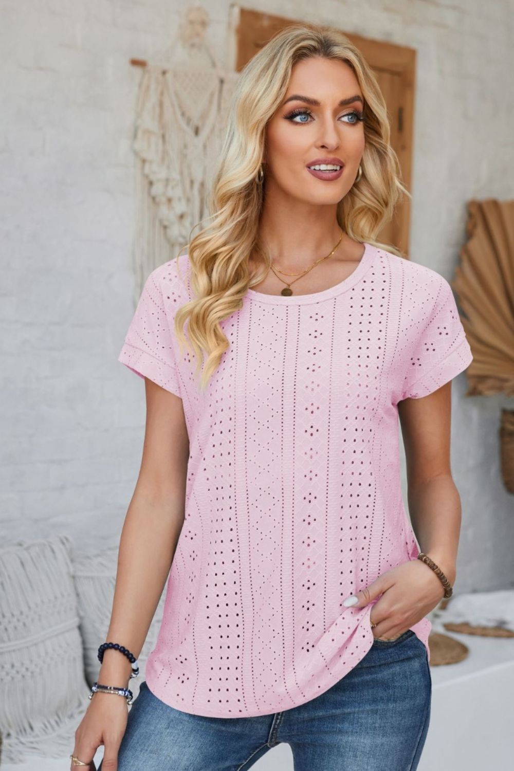 Eyelet Round Neck Rolled Short Sleeve T-Shirt