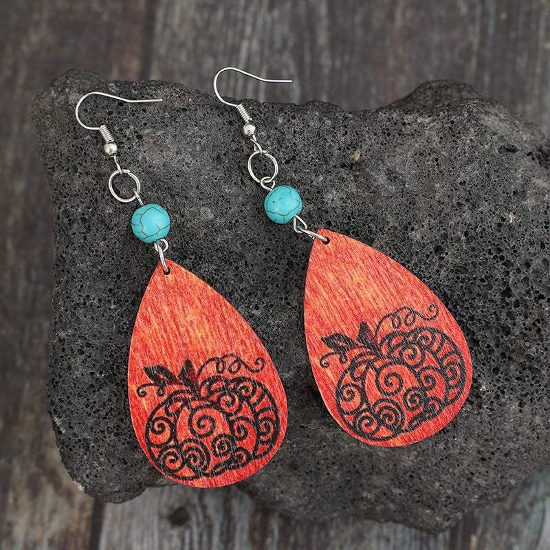 Turquoise Wooden Pumpkin Teardrop Earrings - ClozArt