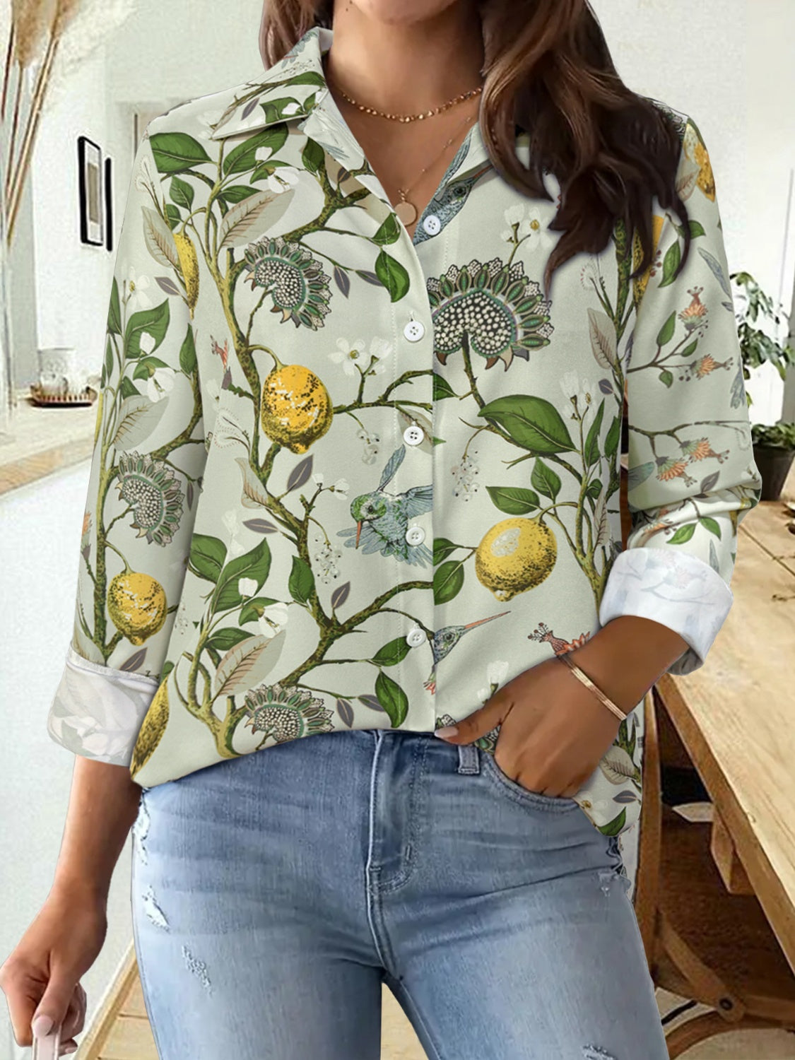 Printed Collared Neck Long Sleeve Shirt