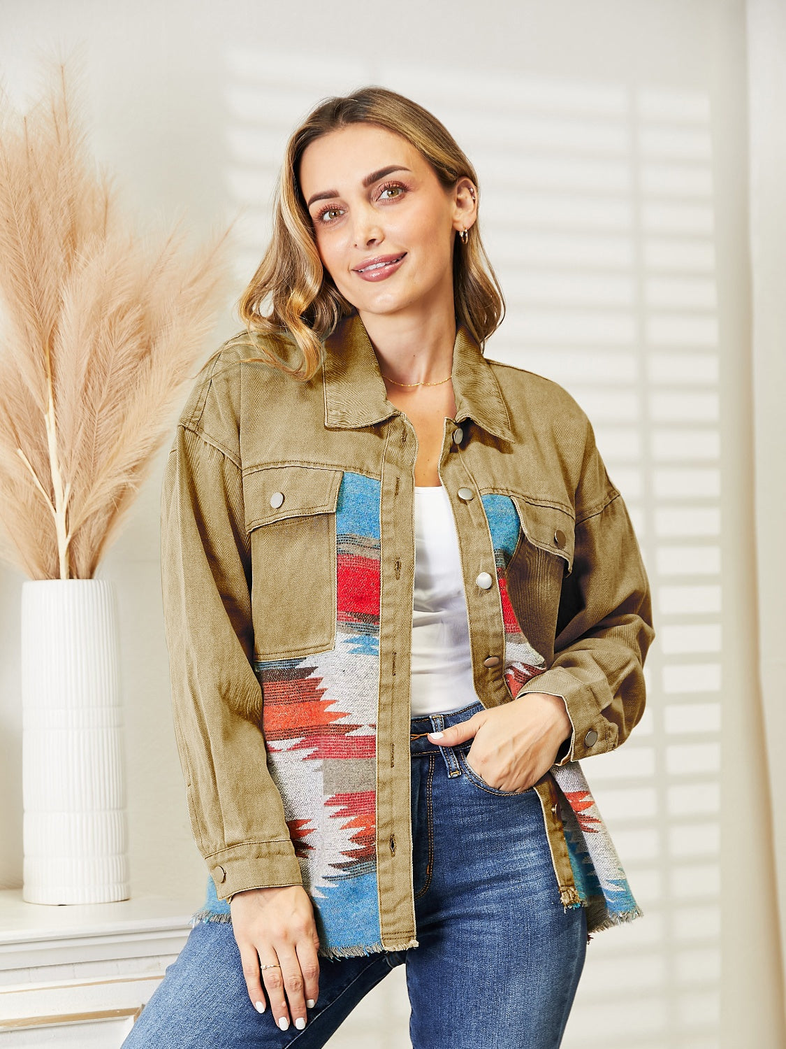 Dropped Shoulder Long Sleeve Printed Denim Jacket