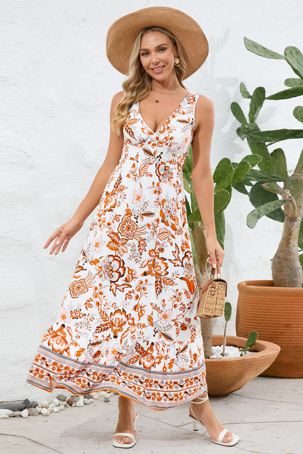 Printed V-Neck Wide Strap Dress - ClozArt