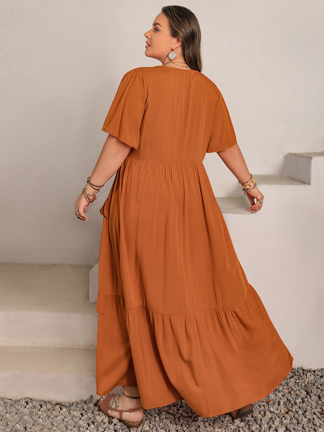 Plus Size V-Neck Flutter Sleeve Maxi Dress - ClozArt