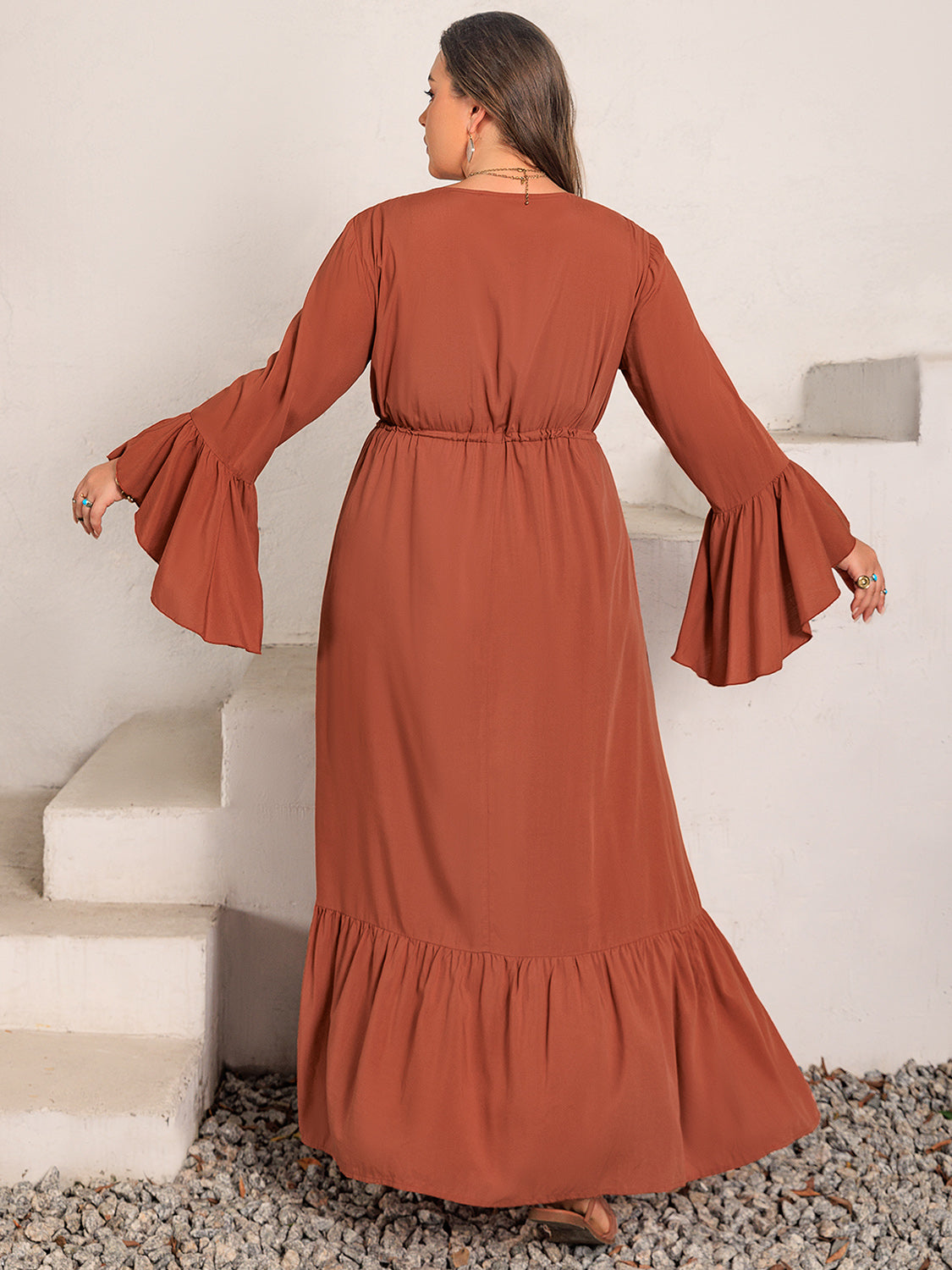 Plus Size V-Neck Flare Sleeve Maxi Dress - ClozArt