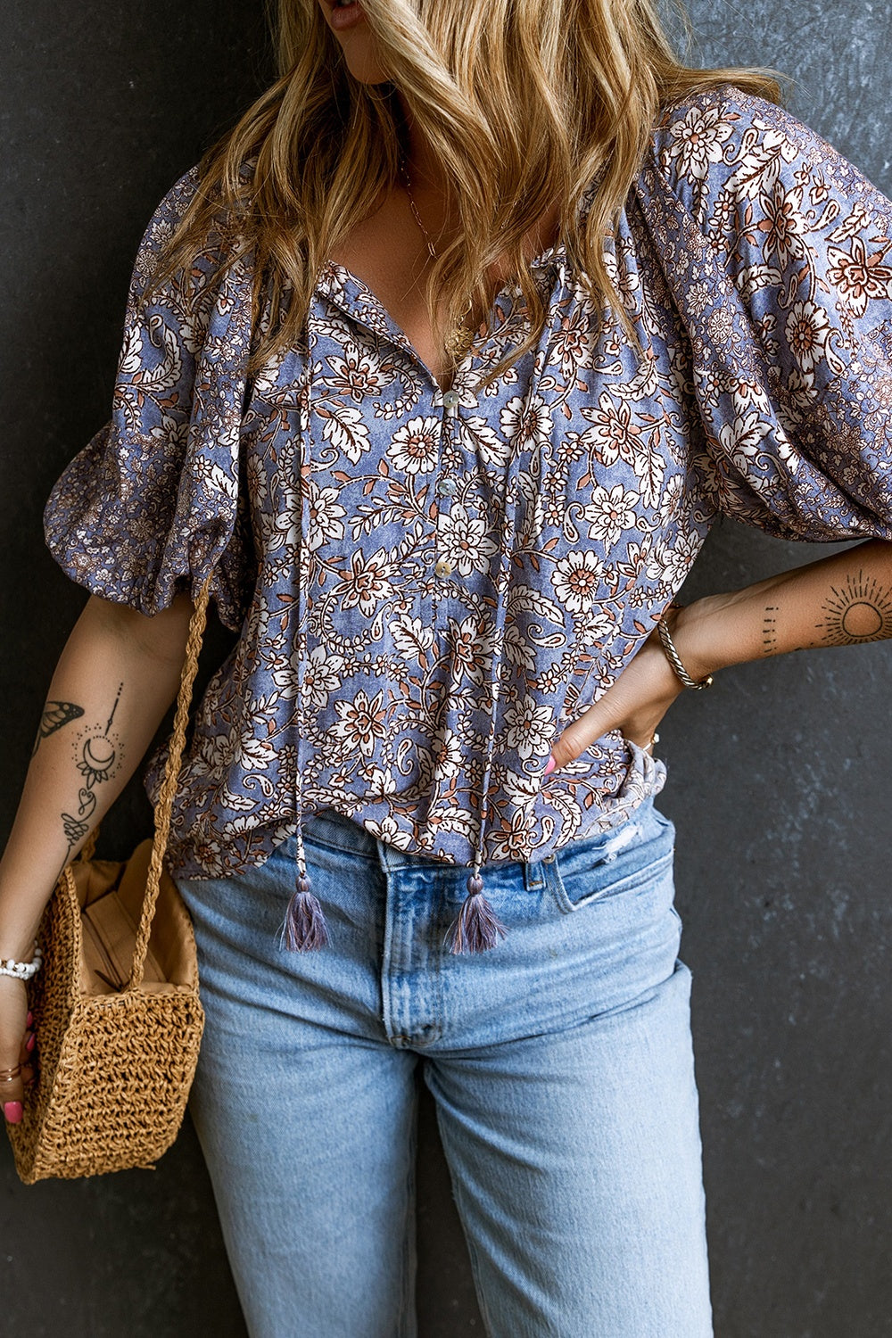 Printed Tie Neck Half Sleeve Blouse