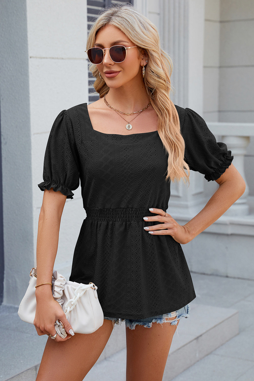 Eyelet Square Neck Short Sleeve T-Shirt