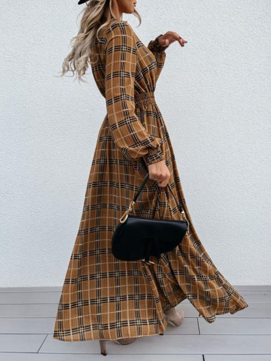 Slit Plaid Tie Neck Long Sleeve Maxi Dress - ClozArt