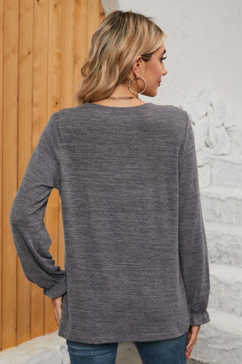 Ruched Round Neck Flounce Sleeve T-Shirt