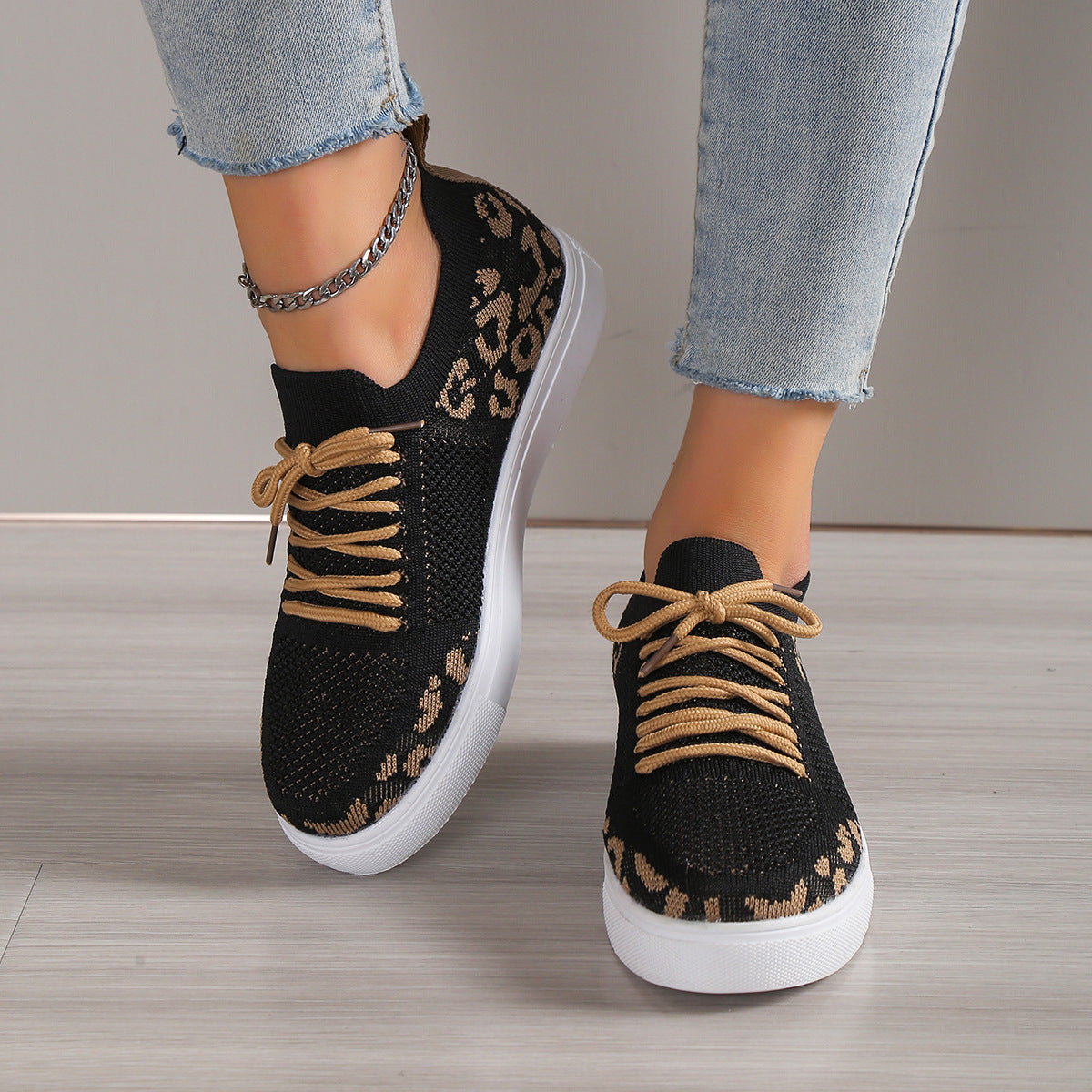 Lace-Up Leopard Flat Sneakers - ClozArt