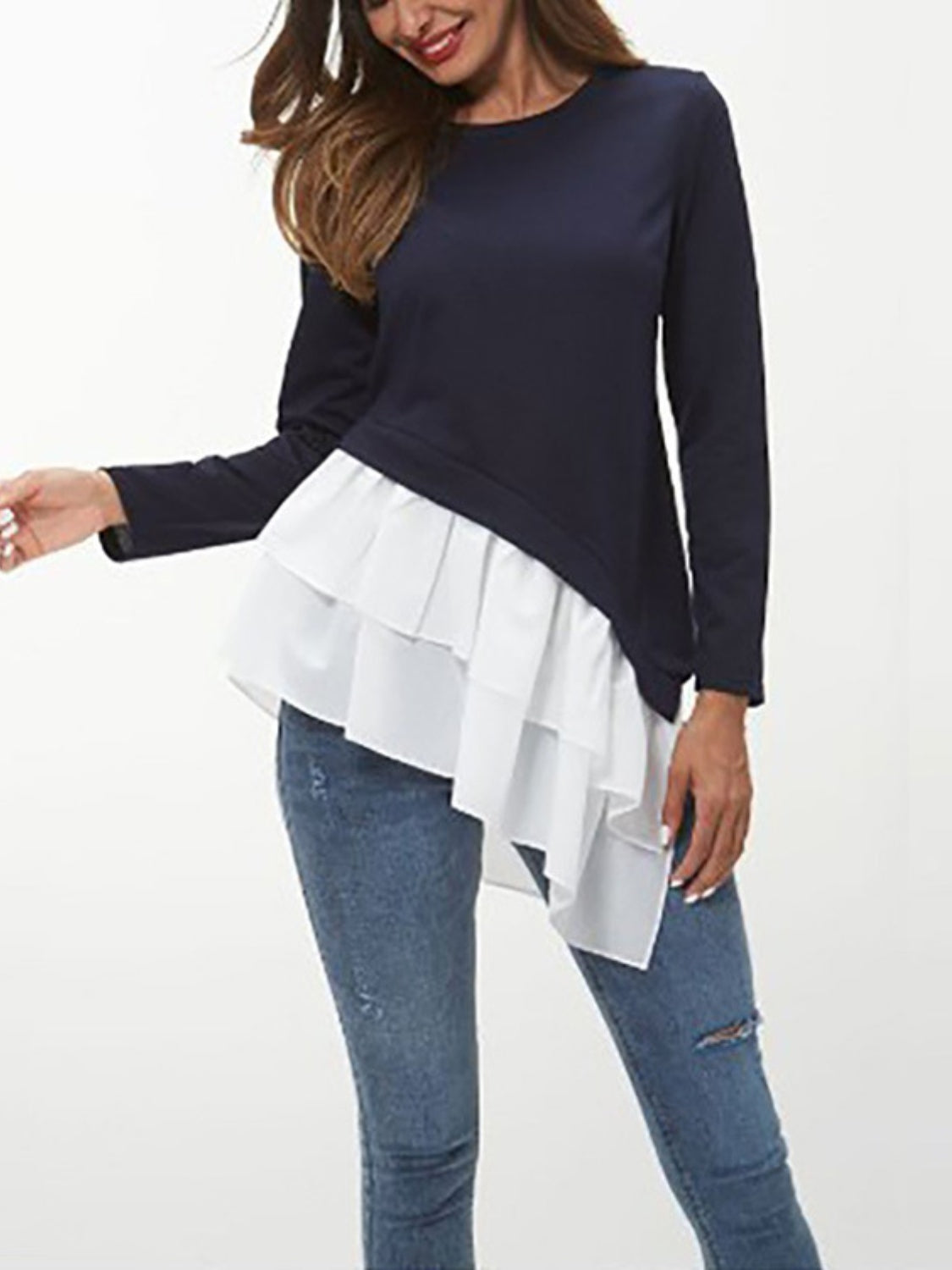 Ivy Lane Tiered Contrast Round Neck Long Sleeve T-Shirt