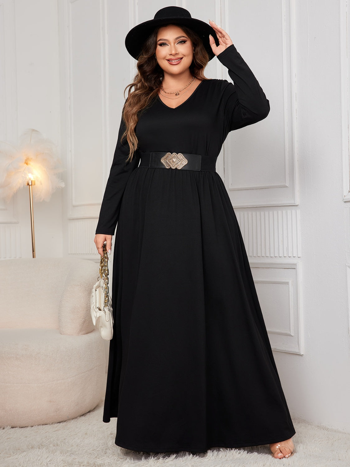 Honey Plus Size Cutout V-Neck Long Sleeve Maxi Dress - ClozArt