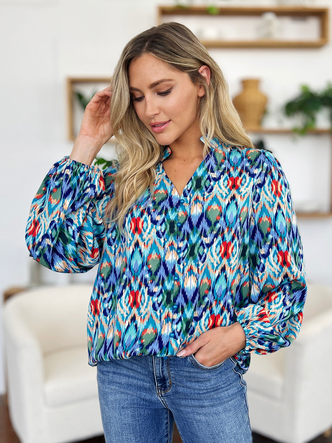 Double Take Full Size Printed Balloon Sleeve Blouse