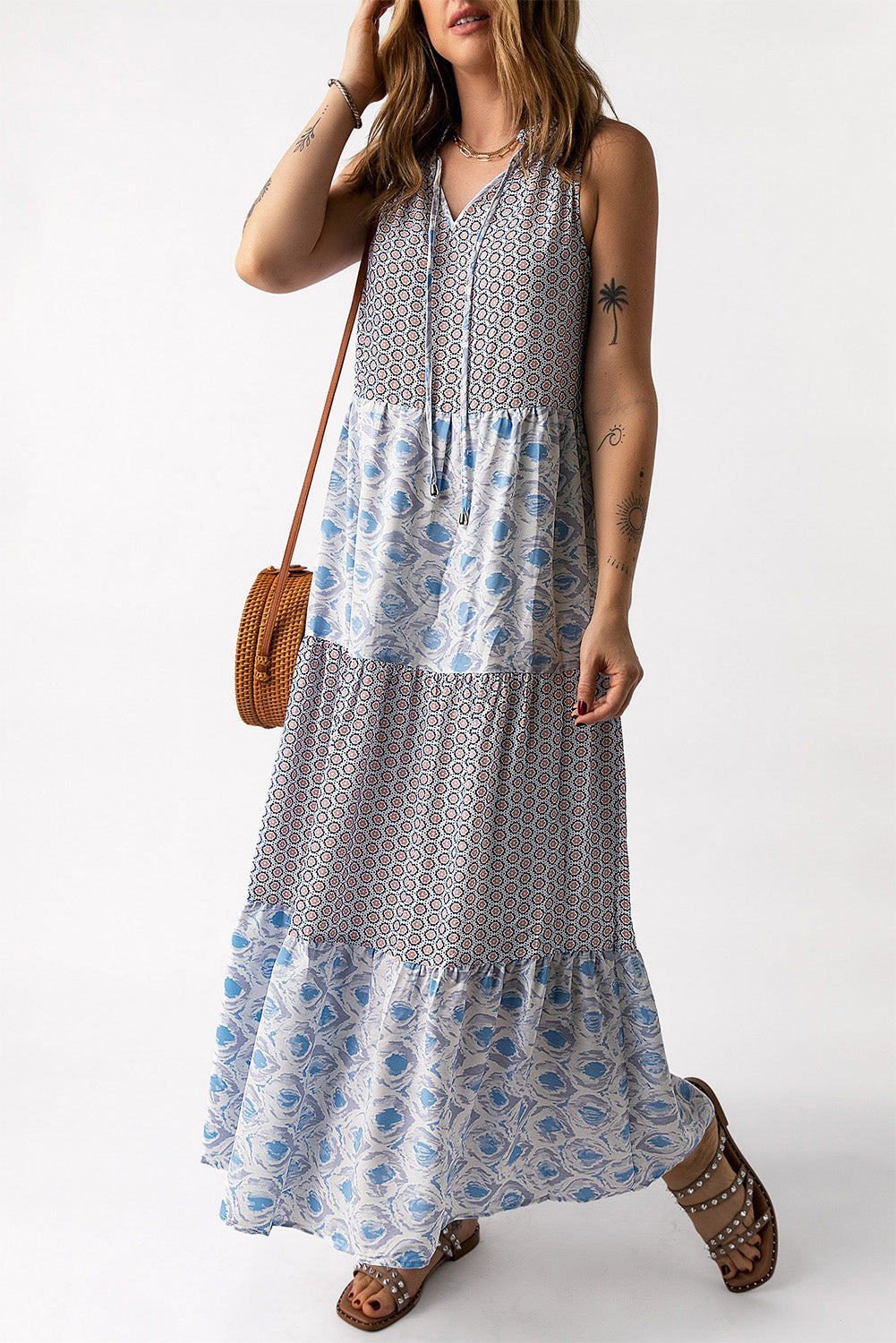 Mixed Print Tie-Neck Sleeveless Maxi Dress - ClozArt