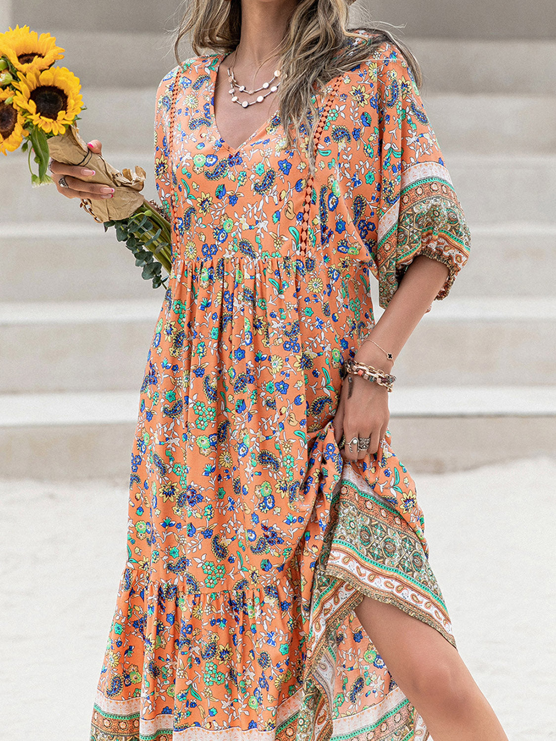 Printed V-Neck Short Sleeve Maxi Dress - ClozArt