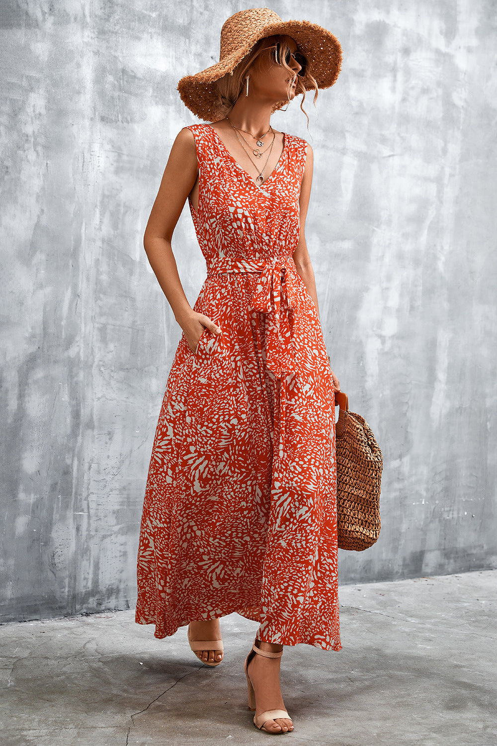 Printed V-Neck Tie Waist Maxi Dress - ClozArt